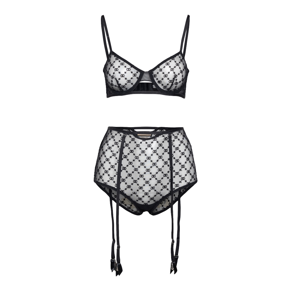 Gucci Gg Embroidery Lingerie Set, Woman Underwear Black S