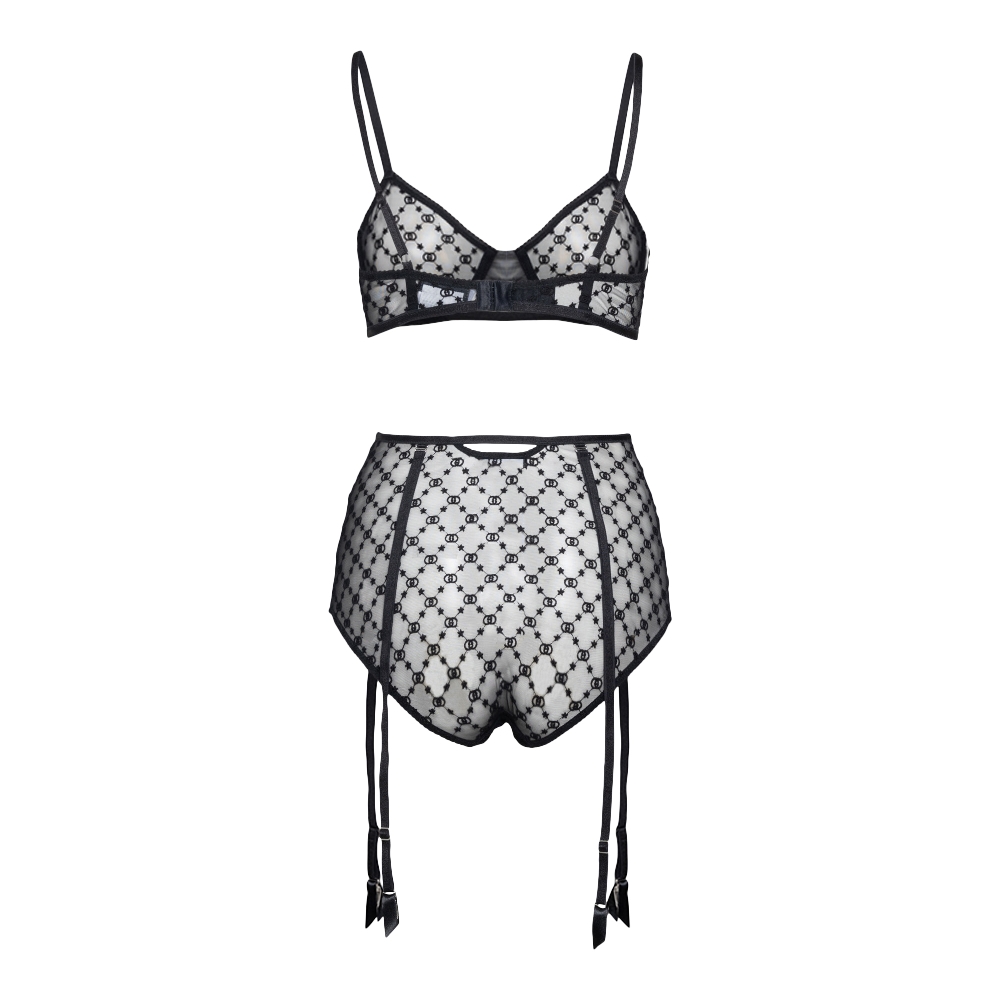 Gucci Embroidered Tulle Triangle Bra And Briefs Set - Black