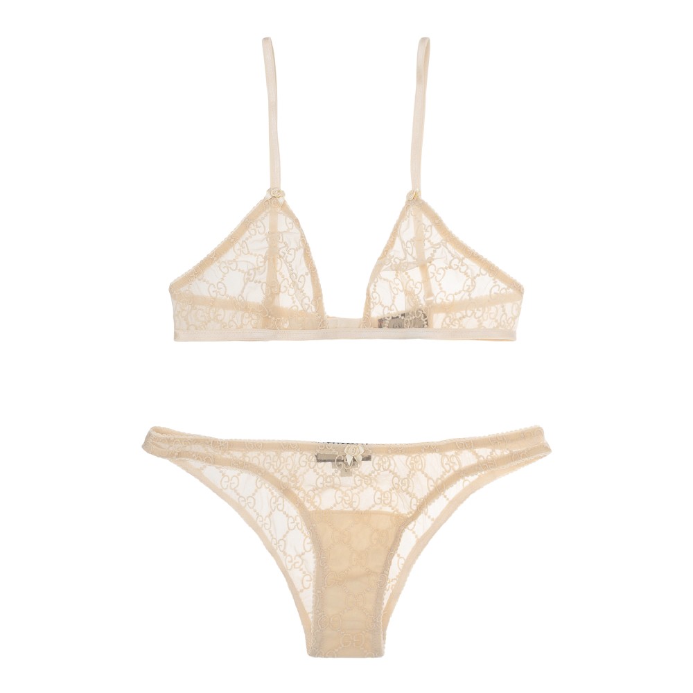 GUCCI Embroidered tulle triangle bra and briefs set